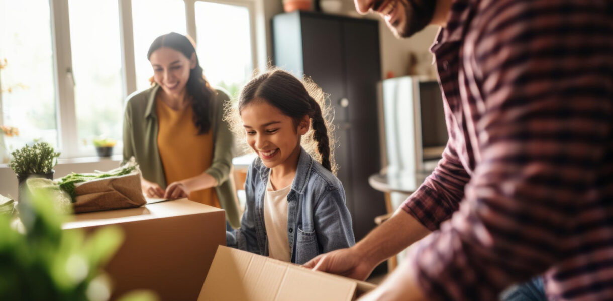 Famille heureuse déménageant avec boîtes à l'occasion d'un déménagement en garde alternée