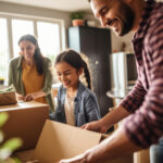 Famille heureuse déménageant avec boîtes à l'occasion d'un déménagement en garde alternée