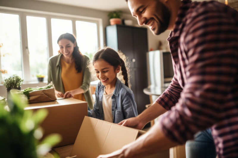 Famille heureuse déménageant avec boîtes à l'occasion d'un déménagement en garde alternée