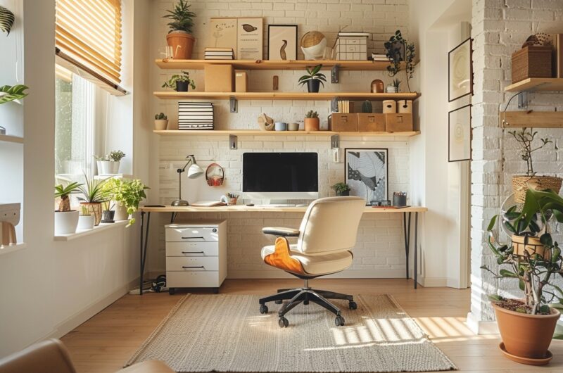 Aménagement efficient d'un coin bureau fonctionnel dans un petit appartement, maximisant l'espace et la productivité.