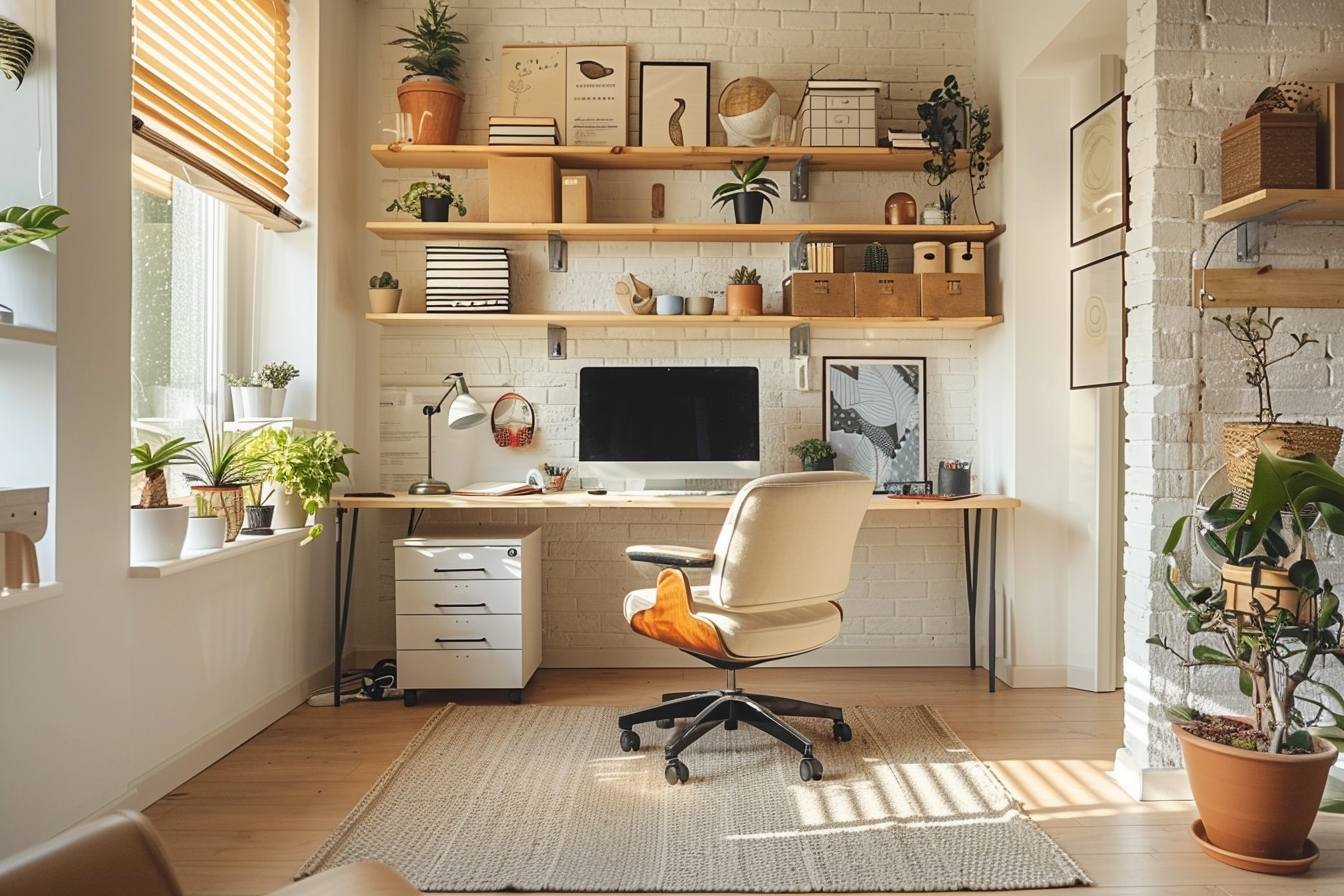 Aménagement efficient d'un coin bureau fonctionnel dans un petit appartement, maximisant l'espace et la productivité.