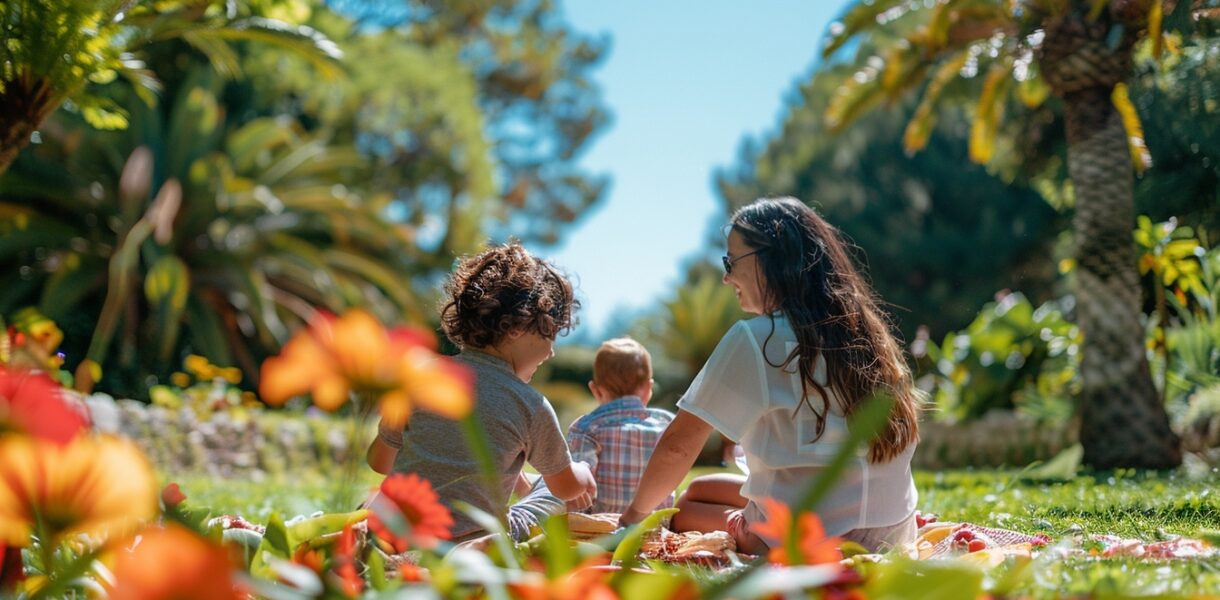 Famille profitant d'un pique-nique paisible dans un des charmants espaces verts à Toulon, illustrant la joie de vivre dans cette ville.