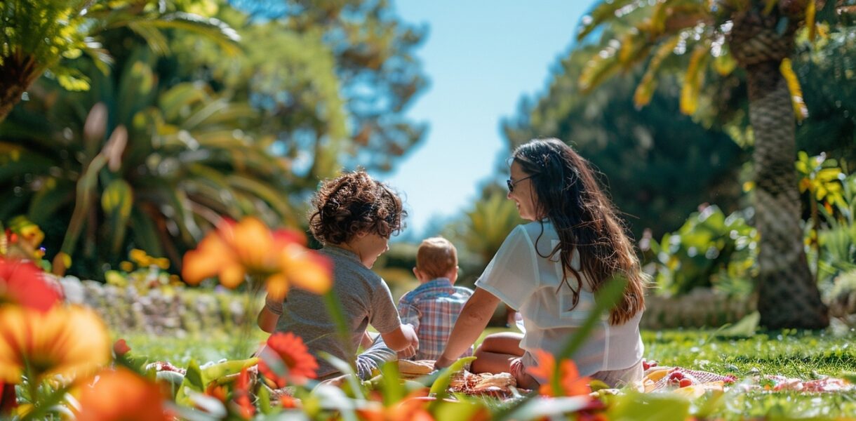 Famille profitant d'un pique-nique paisible dans un des charmants espaces verts à Toulon, illustrant la joie de vivre dans cette ville.