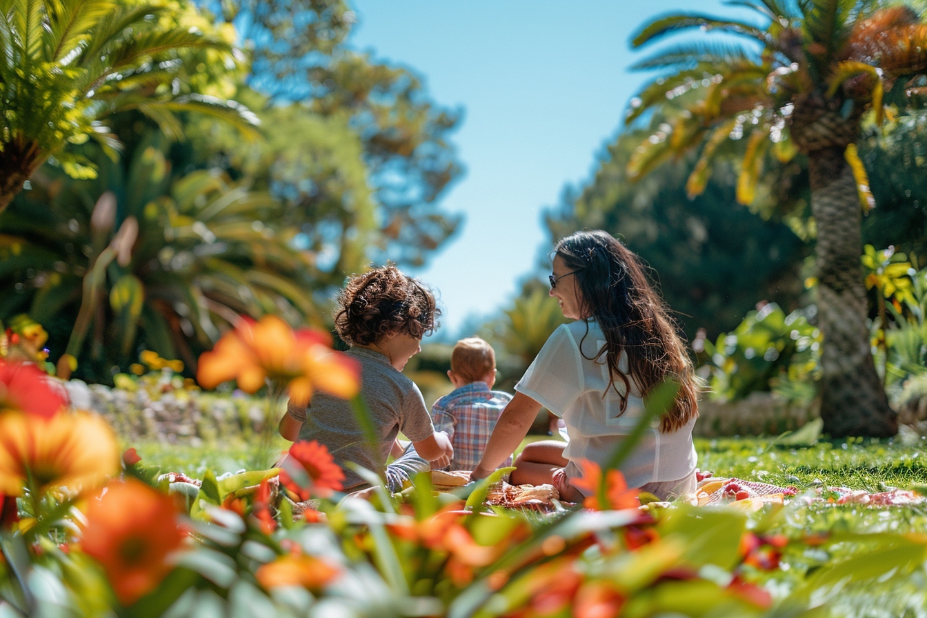 Famille profitant d'un pique-nique paisible dans un des charmants espaces verts à Toulon, illustrant la joie de vivre dans cette ville.